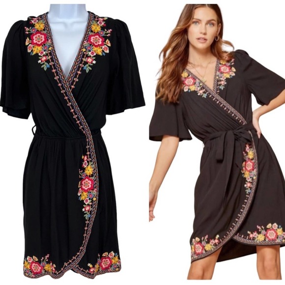 Savanna Jane Dresses & Skirts - Savanna Jane black black floral embroidered faux wrap dress